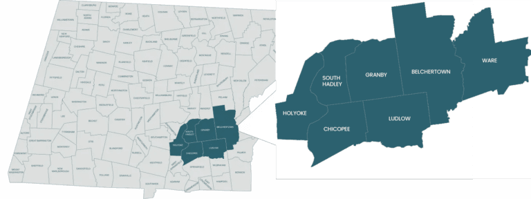 Access Care Partners service area map showing Holyoke, Chicopee, South Hadley, Granby, Belchertown, Ludlow and Ware