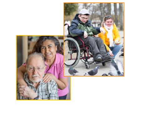Collage of images of an older adult man with his caregiver and a young man in a wheelchair with his caregiver feeding pigeons